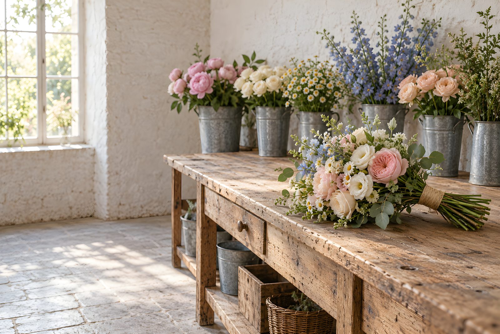 Gebundener Strauß aus Gartenrosen, Lisianthus und Eukalyptus auf einem alten Werktisch, dahinter Zinkeimer mit Pfingstrosen, Rosen und Rittersporn
