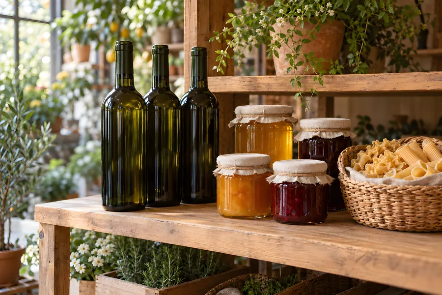 Dunkelgrüne Flaschen, Gläser mit Honig und Marmelade und ein Korb mit Nudeln auf einem Holzregal