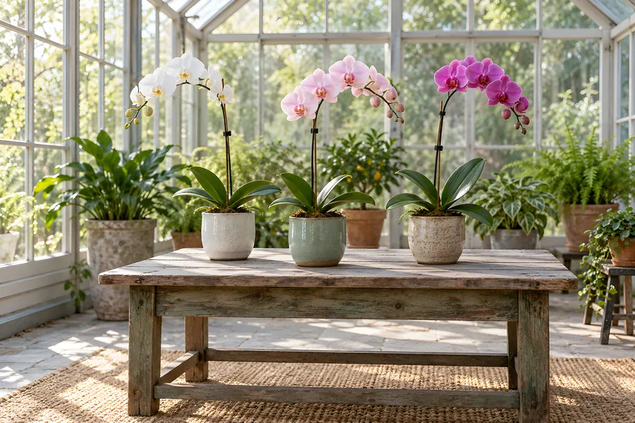 Drei blühende Orchideen in Keramiktöpfen auf einem alten Holztisch im Glashaus