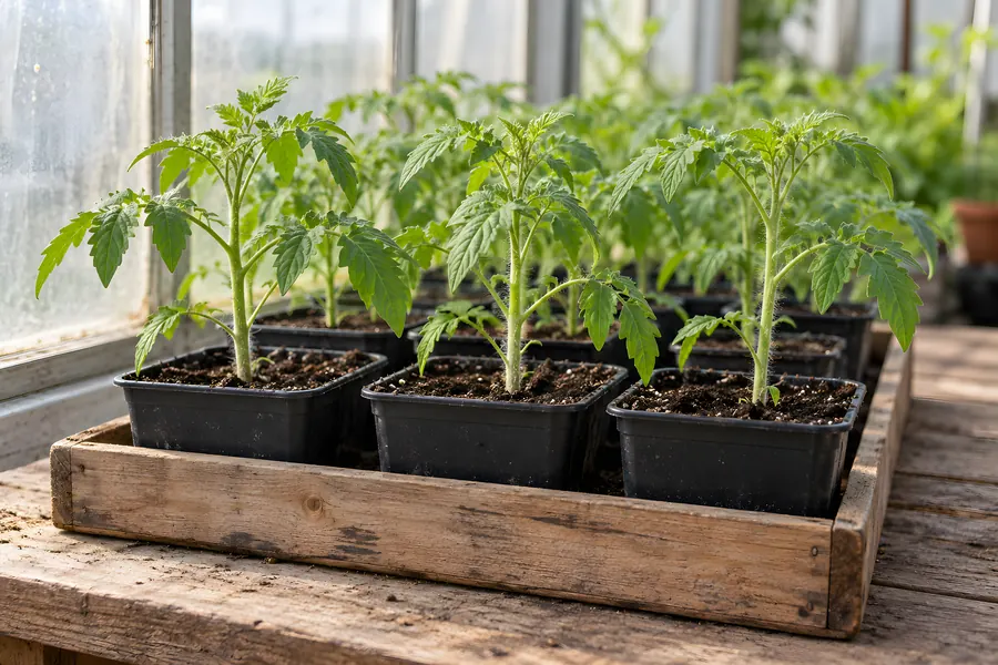Junge Tomatenpflanzen in schwarzen Töpfen in einer Holzkiste auf dem Gewächshaustisch